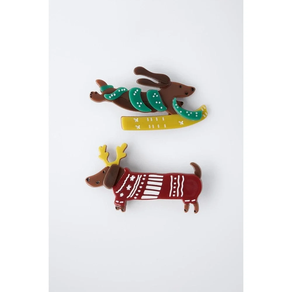 ZARA 2pc Reindeer‎ Dachshund Hair Clips Acrylic Christmas Holiday Puppy Barrette